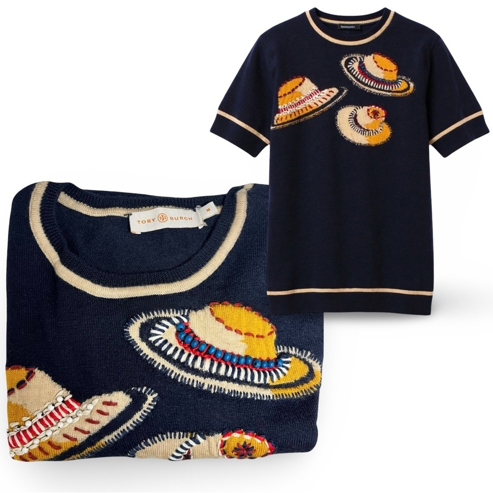 Tory Burch 100% Merino Wool Navy Hand Embroidered Beaded Sunhat Print Sweater M - Picture 1 of 15